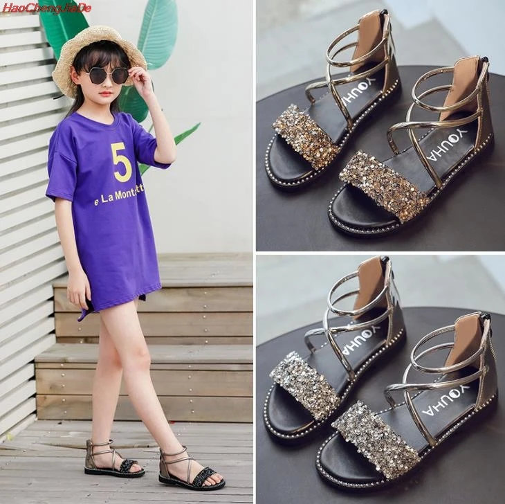 HaoChengJiaDe/Новые летние детские сандалии принцессы; милые сандалии для маленьких девочек; детская обувь; модные пляжные сандалии; мягкие черные брендовые туфли на плоской подошве
