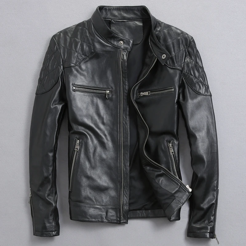 

Leather Men Jacket Black Stand Collar Slim Fit Men Motorcycle Jackets fashion