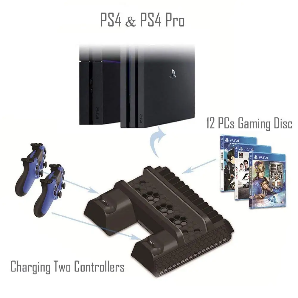 4-в-1 вертикальная подставка для PS4/Pro/тонкий+ двойной Зарядное устройство станция+ вентилятор охлаждения+ игры диск для хранения DVD держатель для PS4