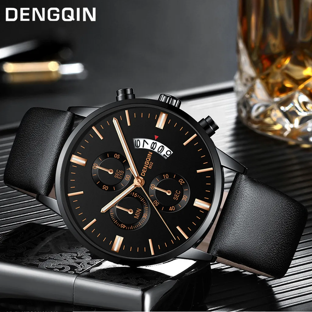 

DENGQIN Men Wrist Watches Quartz Sport Military Stainless Steel Dial Leather Band watch male watch mens creative man watches