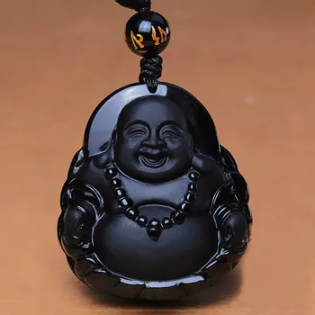 

Fashion Natural Black Obsidian Carved Unique Laughing Buddha Lucky Pendant Amulet Necklace Fine stone Crystal Jewelry