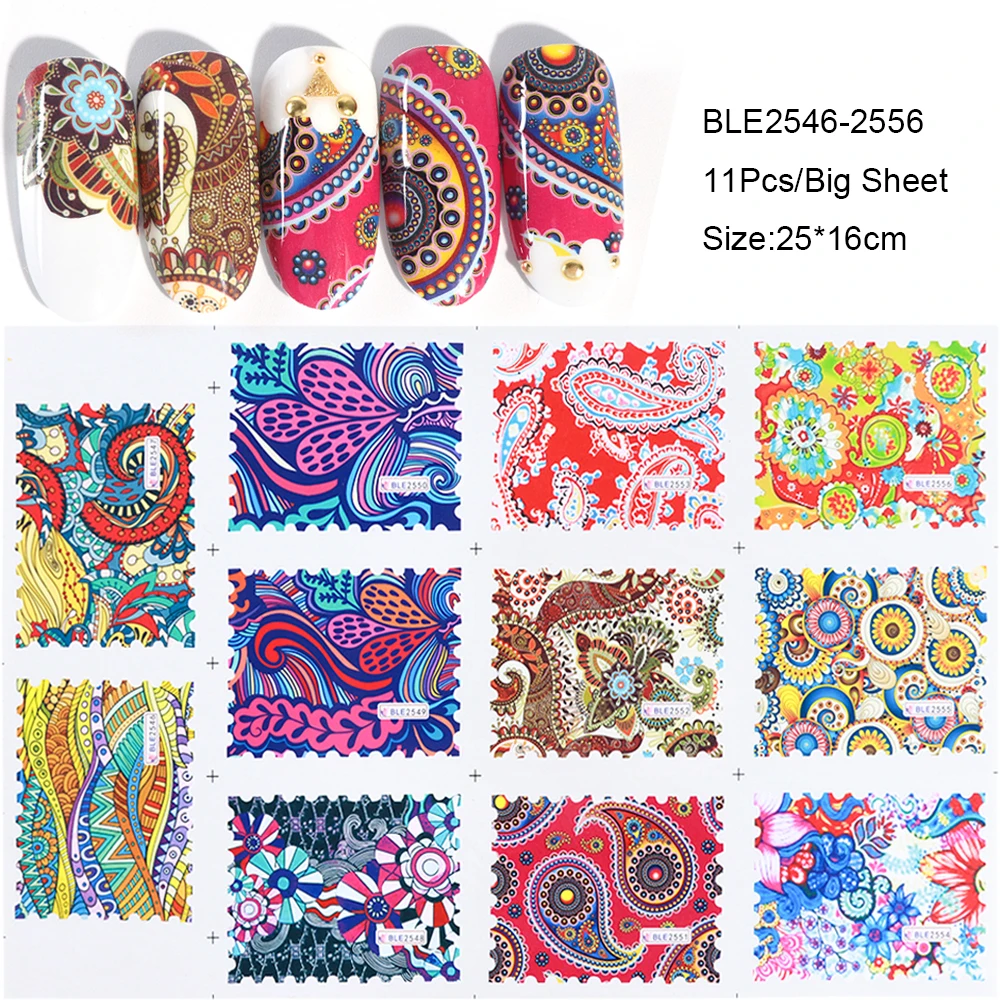 11 Design Retro Water Transfer Decals Nail Art Sticker Colorful Flower Vines Totem Full Wraps Manicure Decoration LABLE2535-2578  (4)