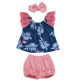

Summer baby girl clothing set Lace Short sleeve T-shirt Tops+Dot Short pants +Headband 3pcs baby girl clothes Newborn Outfits