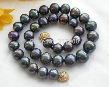 

NEW Beautiful HUGE REAL 17" 13mm ROUND peacock black PEARL NECKLACE earring set