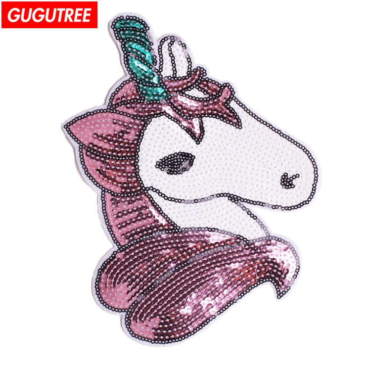 

GUGUTREE embroidery Sequins big unicorn patches animal patches badges applique patches for clothing ZK-32
