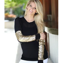 New Women’s Autumn And Winter In Europe And America Sequined Long-sleeved Plain T-shirt Bottoming Shirt Stitching
