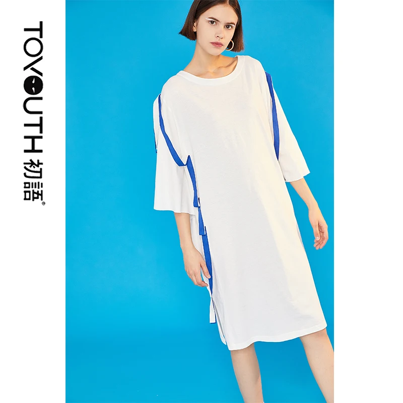

Toyouth Women Belt Patchwork Summer Dress Vintage Straight Oversize Slit O-neck Short Sleeve Long Casual Summer Vestidos