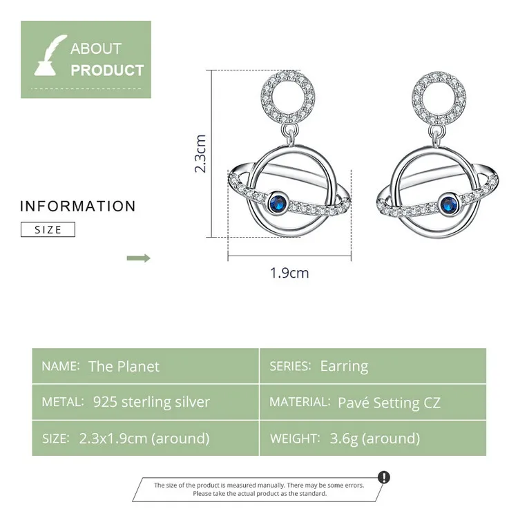 BAMOER Кристальные серебряные серьги планета для женщин 925 пробы серебряные синие CZ Висячие серьги корейский стиль Модные ювелирные изделия BSE094