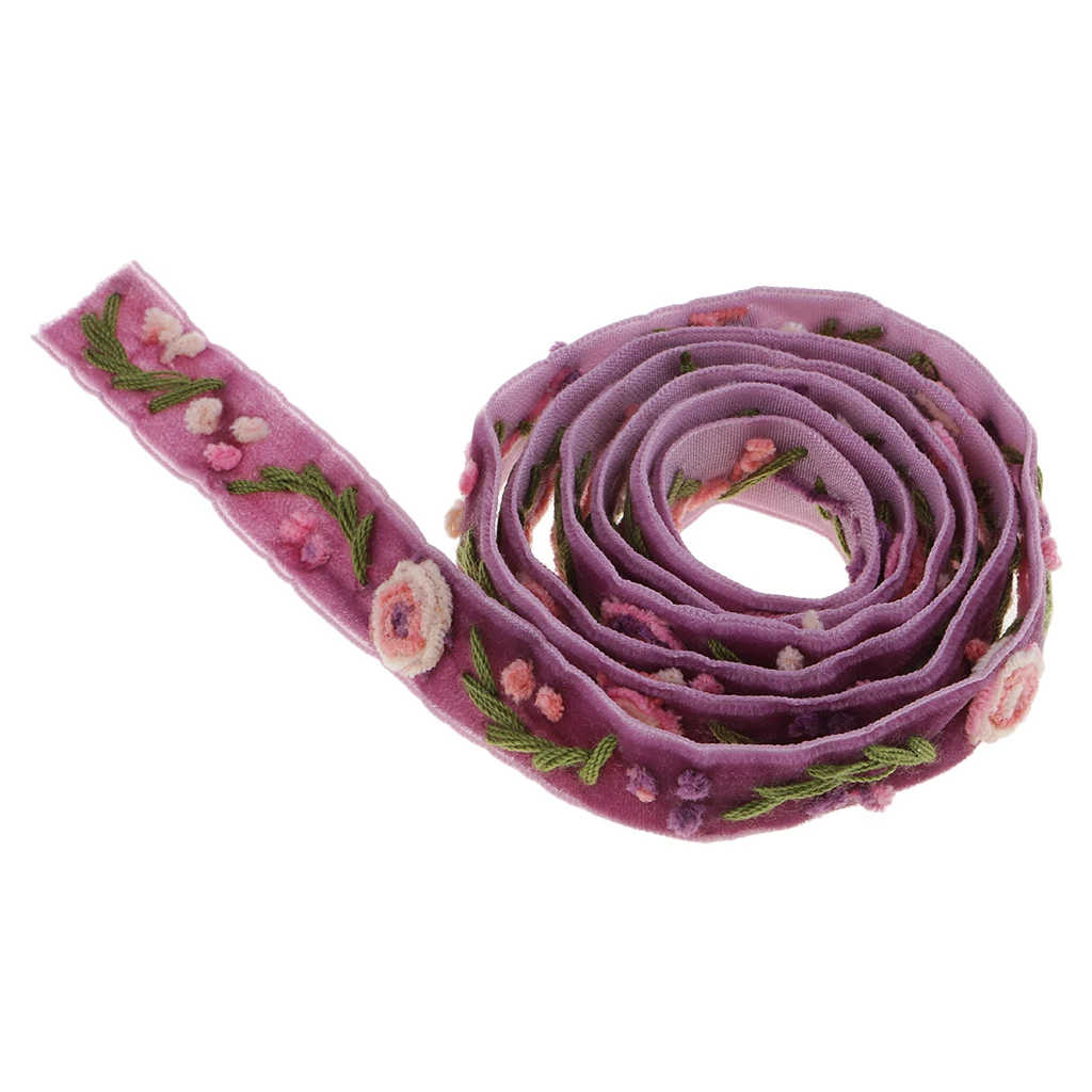 1 Yard Elegant Flower Embroidered Velvet Ribbon Lace Trim Purple for Sewing Decoration DIY Craft Handmade Accessories 15mm Wide