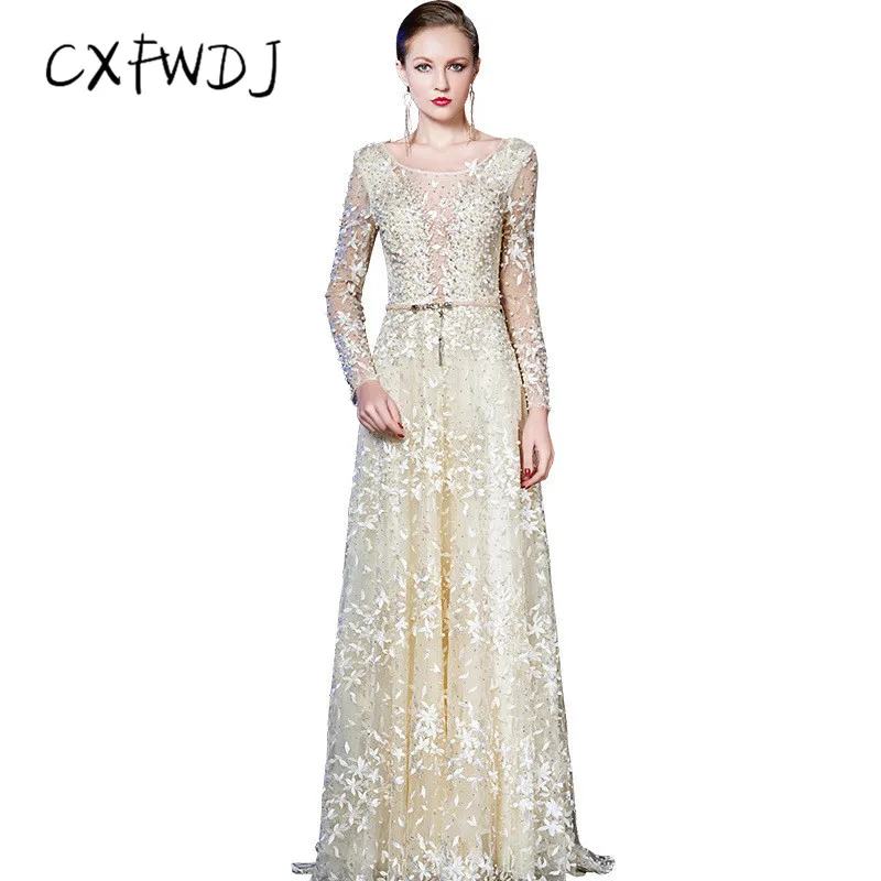 High Quality Apricot Color Chiffon Women's Evening Wear Dresses Show Honorable Embroidered