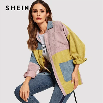 

SHEIN Casual Multicolor Cut and Sew Pocket Front Corduroy Single Breasted Coat Autumn Modern Lady Women Coat Outerwear