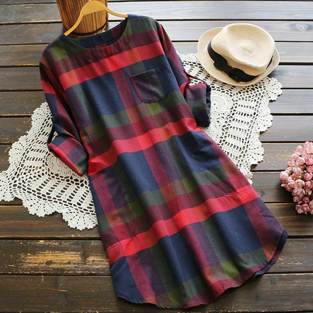 

Women Ladies Plaid Long Sleeve Loose Pocket Swing Vintage Dress women clothes beach Casual Plaid dress Summer Party sundress