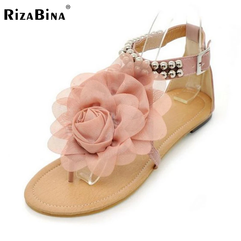 Big size 34-43 Gladiator Sandals Women Bohemia Beaded Summer Flower Flat Heels Flip Flops Women's Shoes Tstraps Sandals P11881