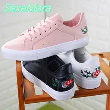 Pink Women Shoes Black Casual Shoes Woman Embroidery Flowers Woman Canvas Shoes 2017 Spring Lace Up Shoes Flats Chaussure Femmes