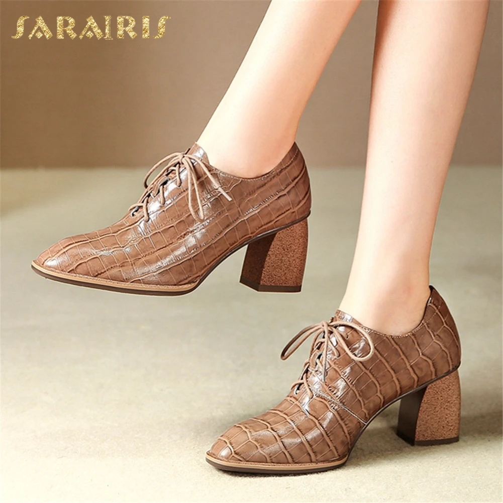 

Sarairis Brand New Big Size 34-42 women's Genuine Leather Ladies High Heels Lace Up Shoes Woman Casual Party Ol Autumn Pumps