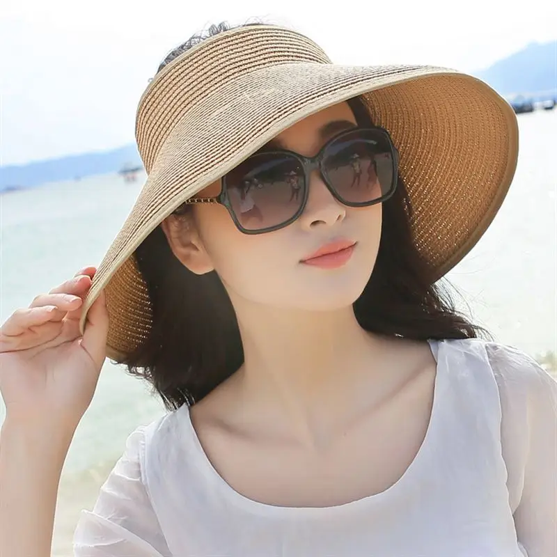 Горячая Распродажа, пляжная шляпа, солнцезащитный козырек, соломенная шляпа, женская летняя Солнцезащитная Складная Большая Солнцезащитная шляпа для девочек - Цвет: Хаки