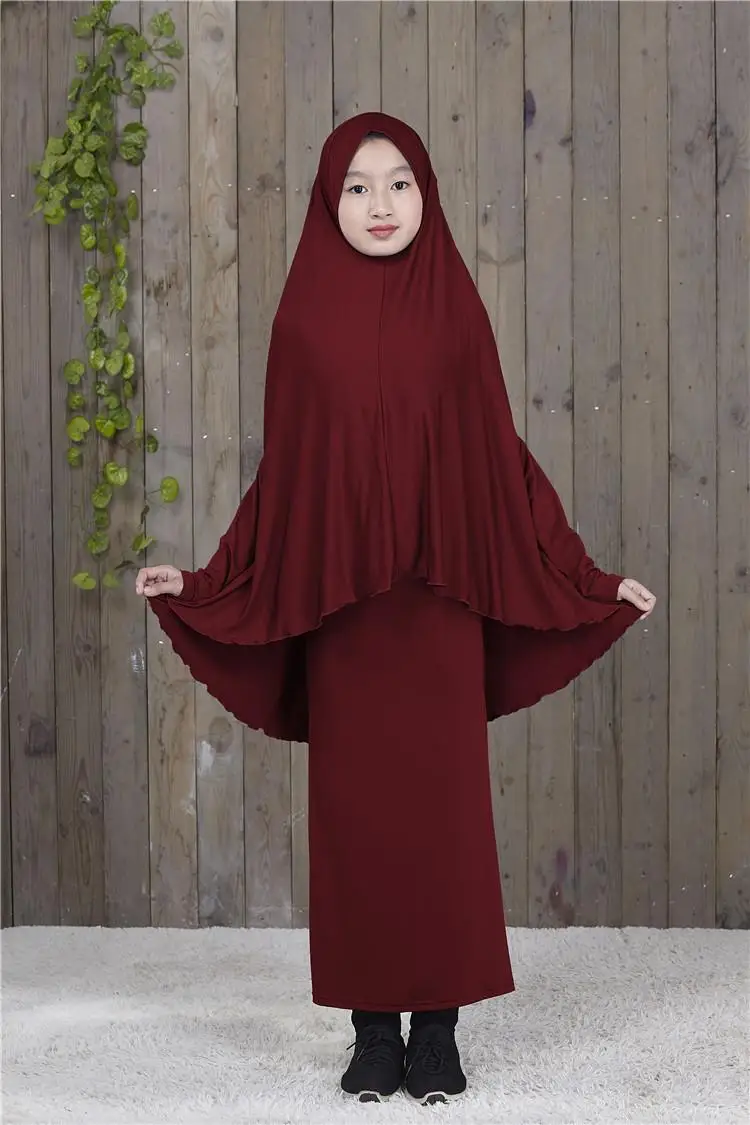 Abaya/длинное мусульманское платье-хиджаб Maxi для девочек; комплект одежды для молитвы в мусульманском стиле; Рамадан; Бурка; костюмы для детей с полным покрытием; новое арабское платье - Цвет: Wine Red