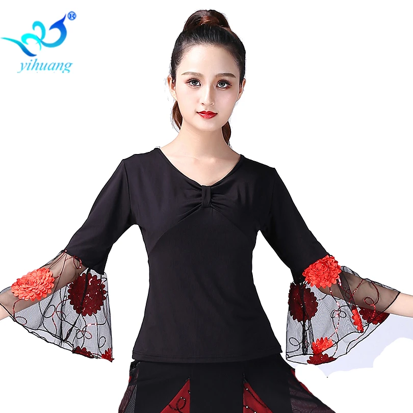 Cena Kostium do tańca towarzyskiego bluzki Flamenco standardowe nowoczesne stroje Waltz Latin Salsa Rumba Dancewear topy z długim rękawem