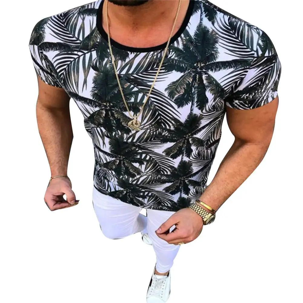 

Fashion Flamingo Leaf Stripe Summer Men Short Sleeve Round Neck T-Shirt Top hot