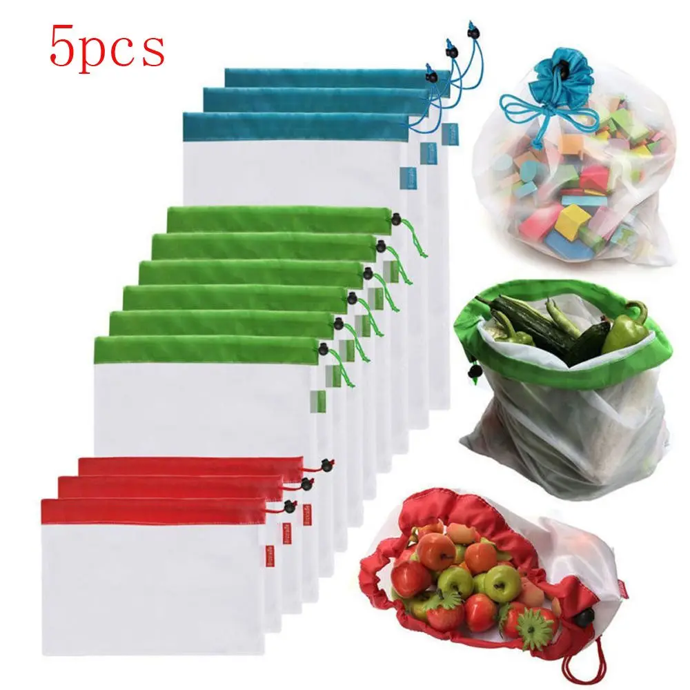 

5Pcs Reusable Produce Mesh Bags Rope Vegetable Toys Storage Pouch Fruit & Grocery Bags Mesh Storage Bag Shopping Bag 2019 Hot