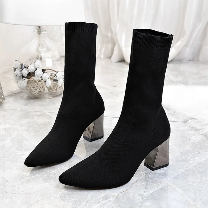 

Women Elastic Sock Boots Stretch Fabric Slip On Chunky High Heels Knitting Mid Calf Tube Boots Female Pointed Toe Ladies Shoes