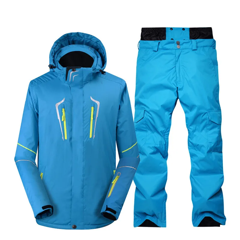 Большой размер, черный Однотонный мужской зимний костюм, уличная одежда, одежда для сноубординга, водонепроницаемый ветрозащитный костюм, лыжная куртка+ зимние штаны - Цвет: Light blue Sets