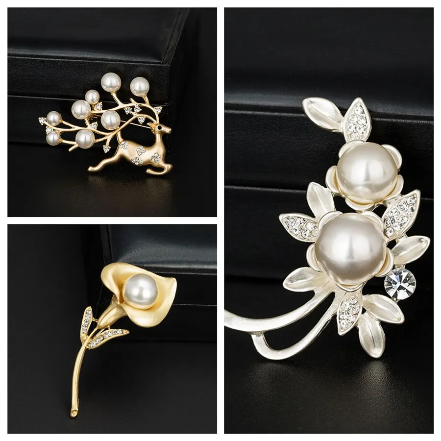 Fashion Alloy Cryatal Brooch Pins Women Badges Pearl Flower Brooches