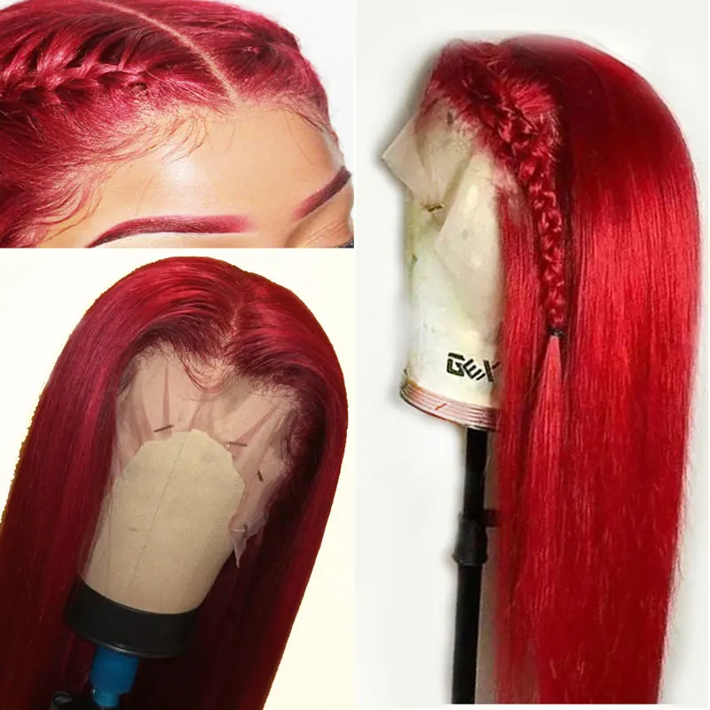 

Preplucked Red 150% Density Colored 360 Lace Frontal Human Hair Wig Bleached Knots Straight Brazilian Remy Invisible Closure Wig