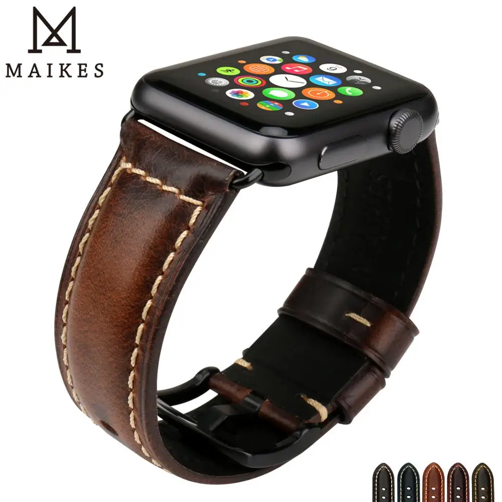 MAIKES Watch Accessories For Apple Watch Band 44mm 42mm Greasedleather Watchband for Apple Watch Strap 40mm 38mm iWatch Bracelet