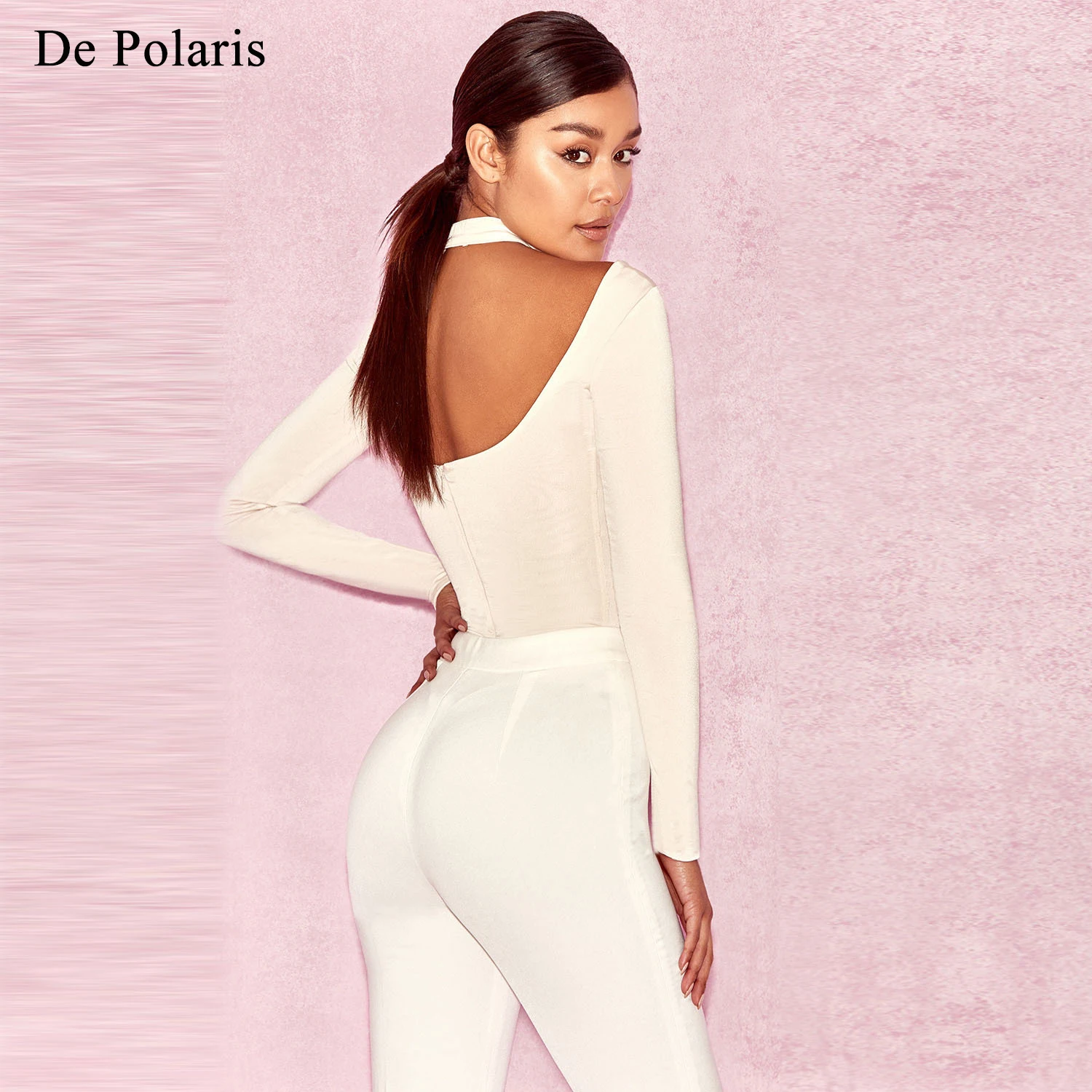 white bodysuit women rayon u neck backless long sleeve sexy skinny bandage bodysuit party club