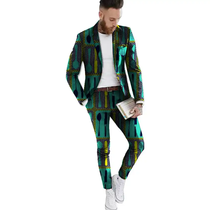 African Blazers And Trousers Set Mens Ankara Suit Jacket Fashion Wax Print Dashiki Blazerpant Sets African Clothing