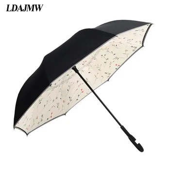 

LDAJMW Windproof Reverse At Night reflective C-Handle Reverse Double Layer Inverted Umbrella Long Handle Sun/Rain Umbrella
