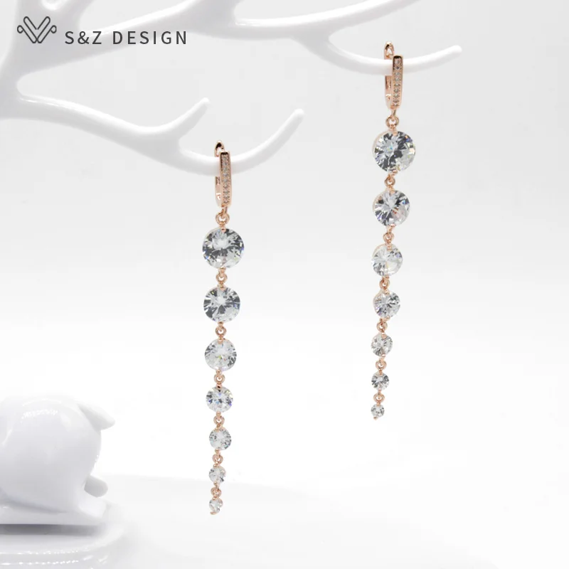 

S&Z Hot Long AAA Zircon Earrings 585 Rose Gold-Color Korean For Women Unique Fine Wedding Luxury Fashion Jewelry