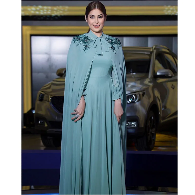 

Saudi Arabic Mislim Chiffon Evening Dresses with Cape Party Elegant for Women Dubai Caftan Zipper Long Sleeves Formal Gowns 2019