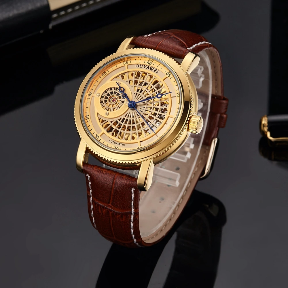 

Top 2016 Famous Brand Skeleton Gold Automatic Mechanical Man Wristwatch Brown Leather Band Luxury Fashion Watch montre homme
