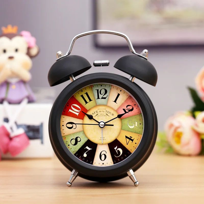 Stainless Metal Battery Ultra Quiet Needle Walking Table Desk Dual Bell Loud Alarm Clock for