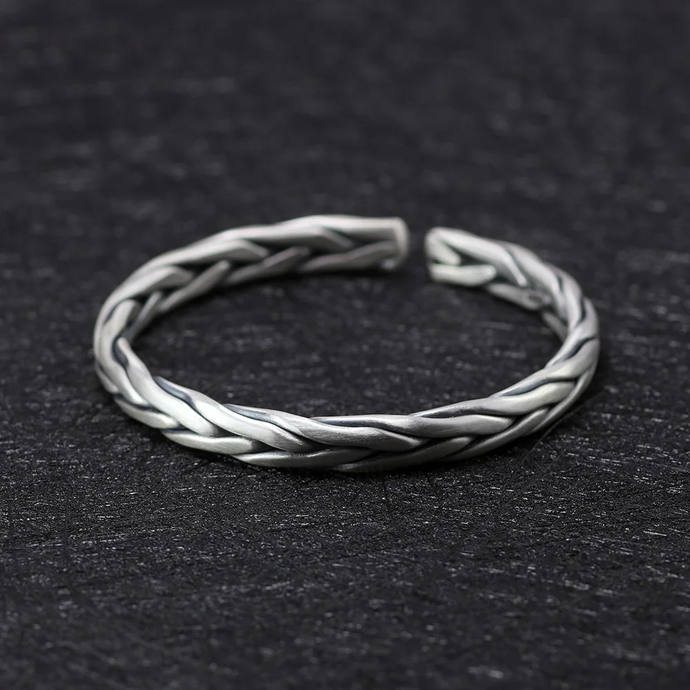Heavy Solid 999 Pure Silver Twisted Bangles Mens Sterling Silver Bracelet Vintage Punk Rock Style Armband Man Cuff Bangle