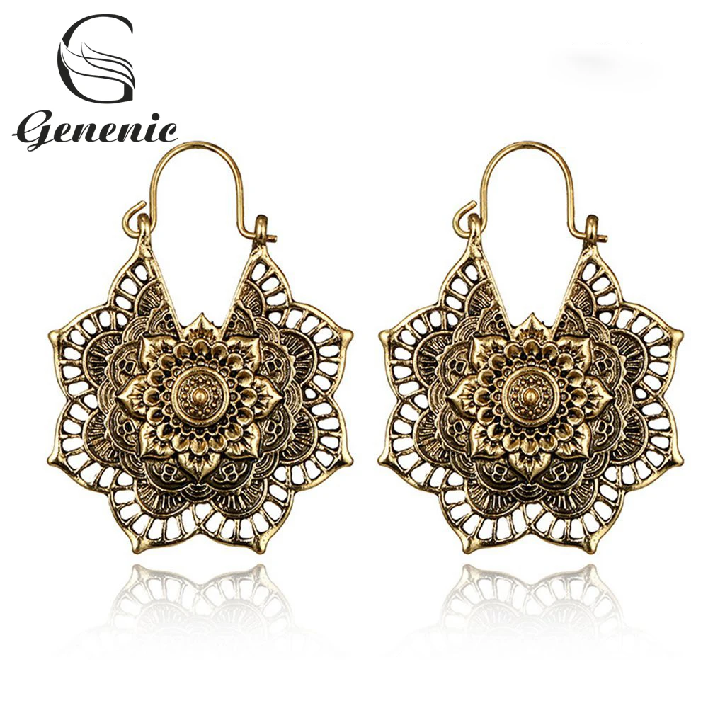 

1 Pair Tribal Hollow Floral Pendant Earrings Antique Vintage Mandala Flower Drop Dangle Earring for Women Girl Pendientes