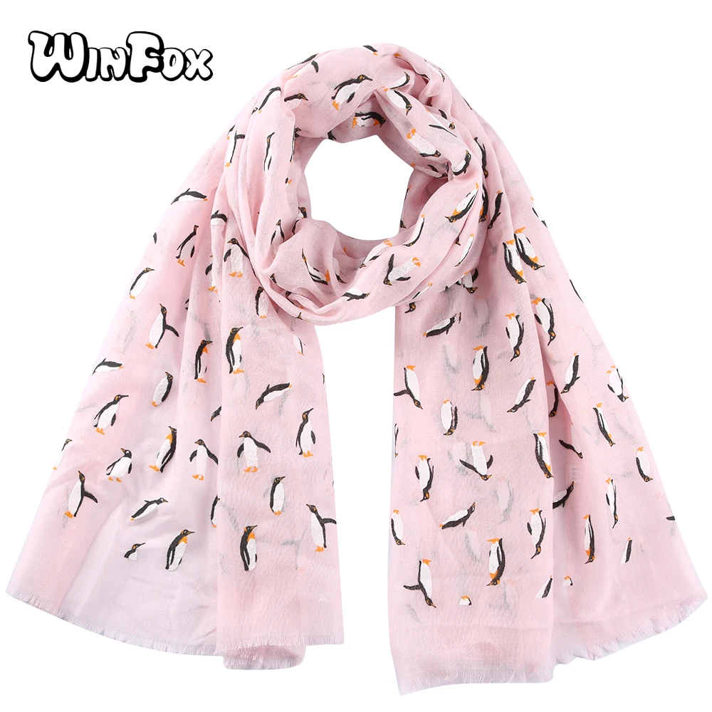 

Winfox Pink Black Grey Animal Print Penguin Scarf Women Female Lightweight Soft Neck Elegant Shawl Scarves