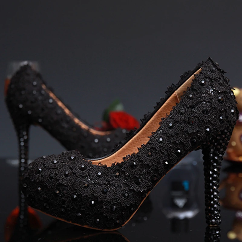 

New Style High Heels Ladies Summer Bridal Shoes Sweet Black Lace Flower Bridal Wedding Dress Shoes Rhinestone Pluse Size 34-43