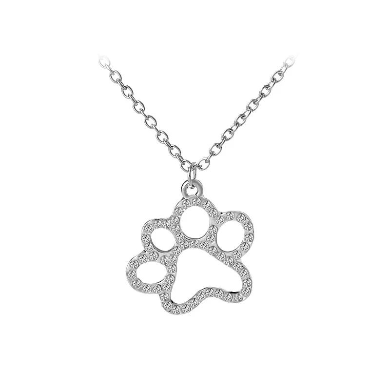 10pcs / lot Silver Hollow Out Dog Paw Print Pendant Necklace Lovers Chain With Rhinestone Best Valentine