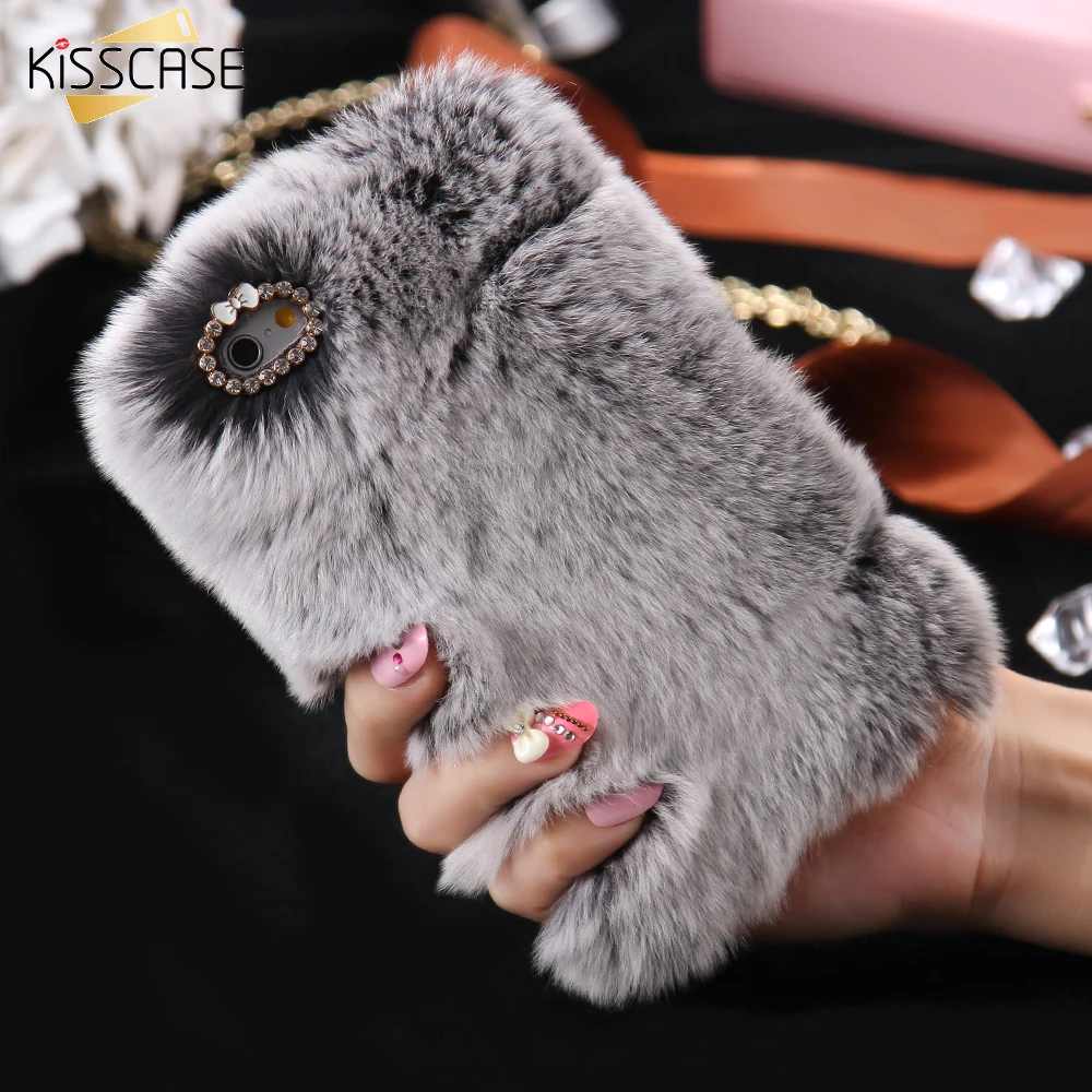 

KISSCASE For iPhone 6 7 6S 8 Plus 5 5s SE Genuine Rabbit Hair Case Bling Diamond Fluffy Animal Fur Cover For iPhone X 10 8 Case