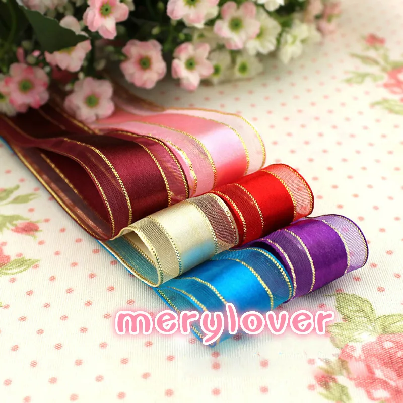 25mm Broadside gold edge organza ribbons gift wrapping decoration