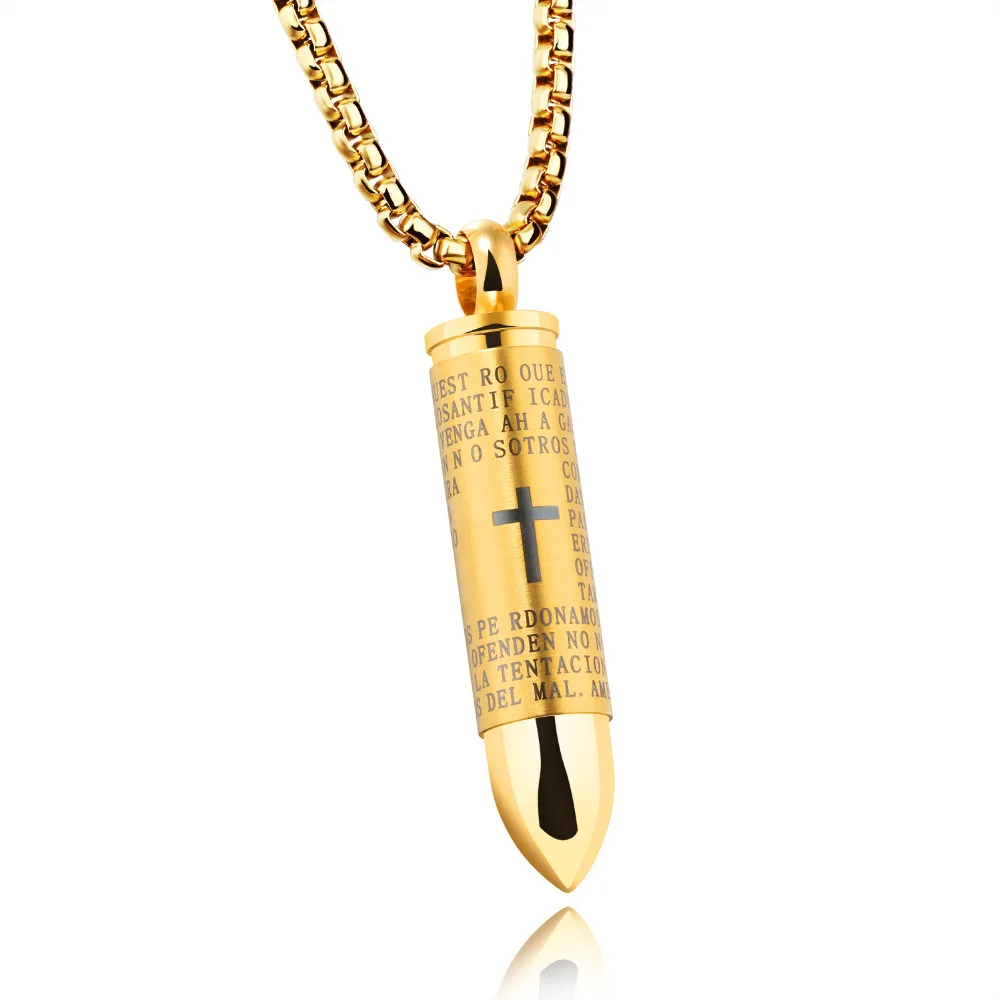 Punk Bullet Men's Pendant Necklaces Red Cross & Bible In Spanish Box Link Chain God Bless You Birthday Gift 3
