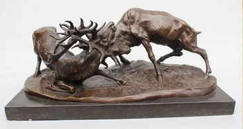 

xd 003428 8"Chinese bronze Copper Base Marble Two Deer Tibetan antelope Fight Statue