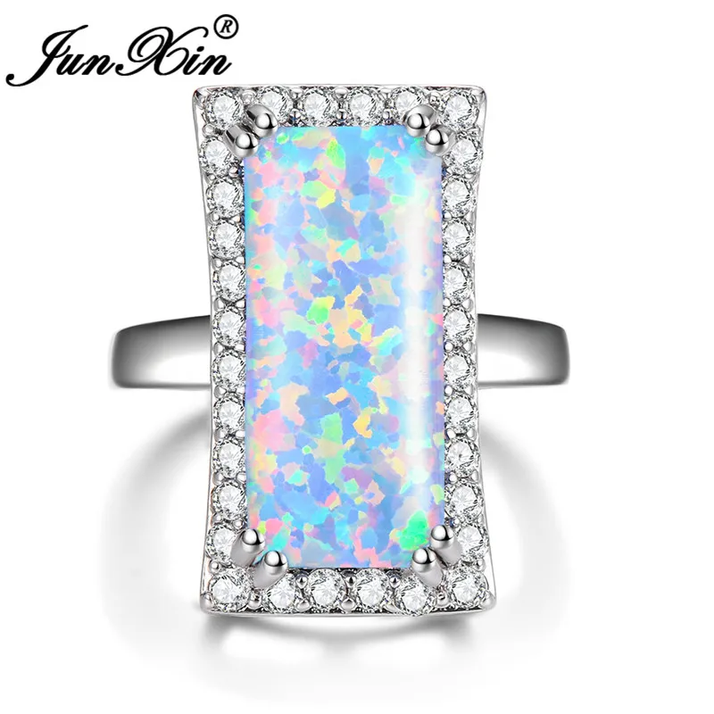 

JUNXIN Female Big Rectangle Ring 925 Sterling Silver Filled Rainbow White Blue Fire Opal Rings For Women Men Wedding Jewelry