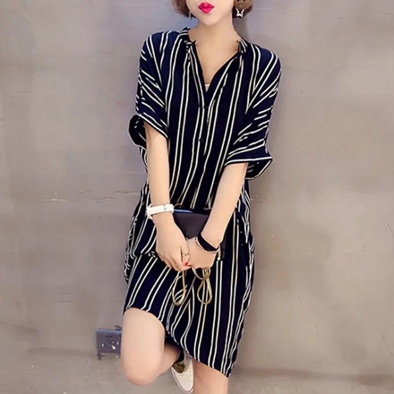 

2019 Women Summer Dress Loose Striped Dress V Neck Fashion Short Sleeve Print Stripe Beach Dresses Plus Size Vestidos Femme