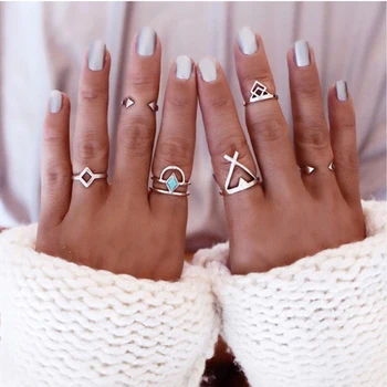 Bohemian 6pcs/Pck Vintage Anti Silver Blue Turquoise Rings Lucky Stackable Midi Rings Set of Rings for Women Party Free Shipping