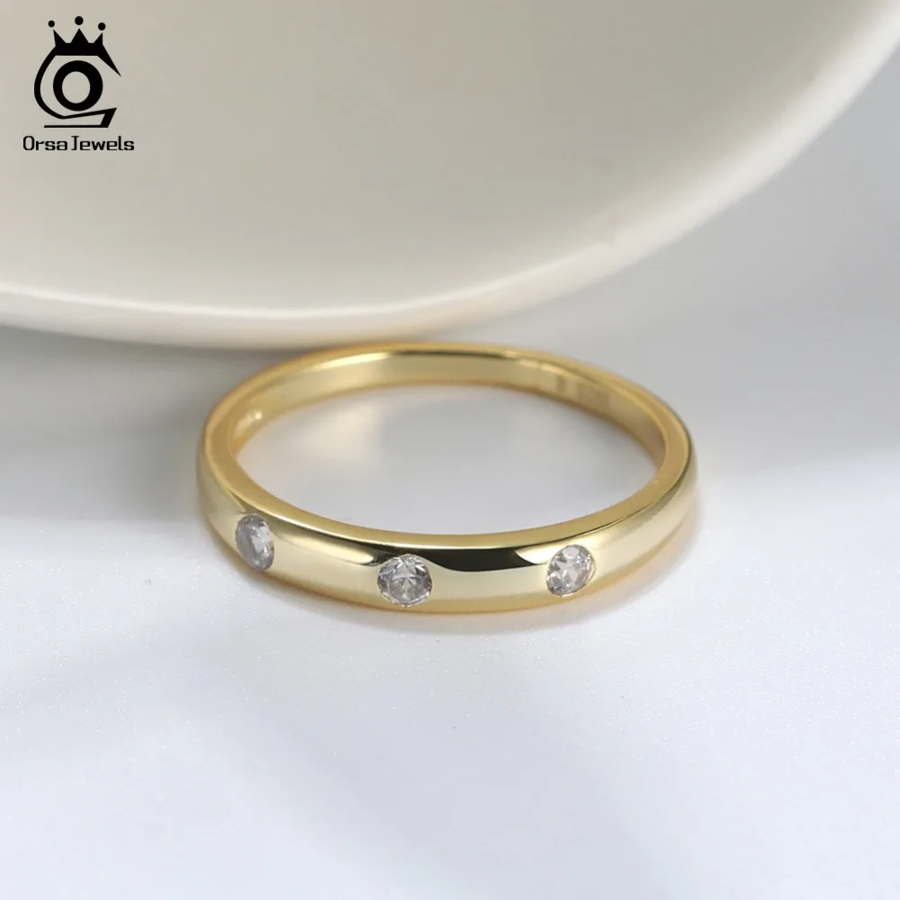 ORSA JEWELS 925 Sterling Silver Women Rings Classic Wedding Band AAA Zircon Gold-color Fashion Engagement Ring Jewelry SR67-G
