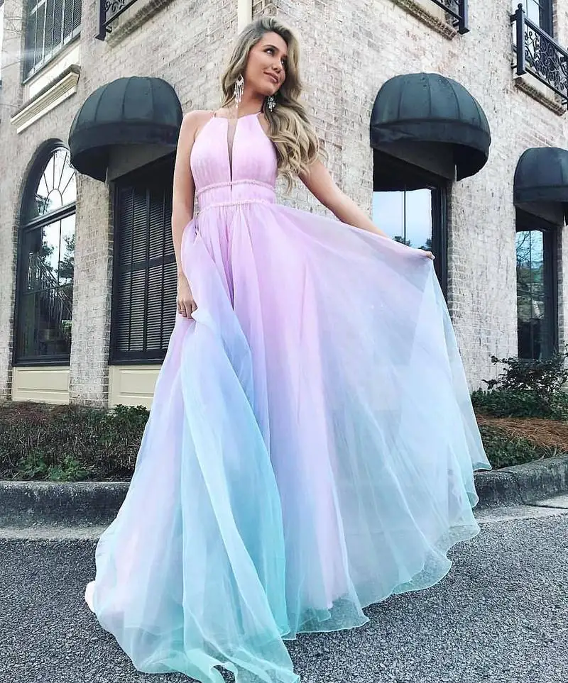 

WEPBEL Women's Gradient Color Elegant Neckhangging Formal Dress Elegant Sleeveless Evening Party Dress Ball Robes